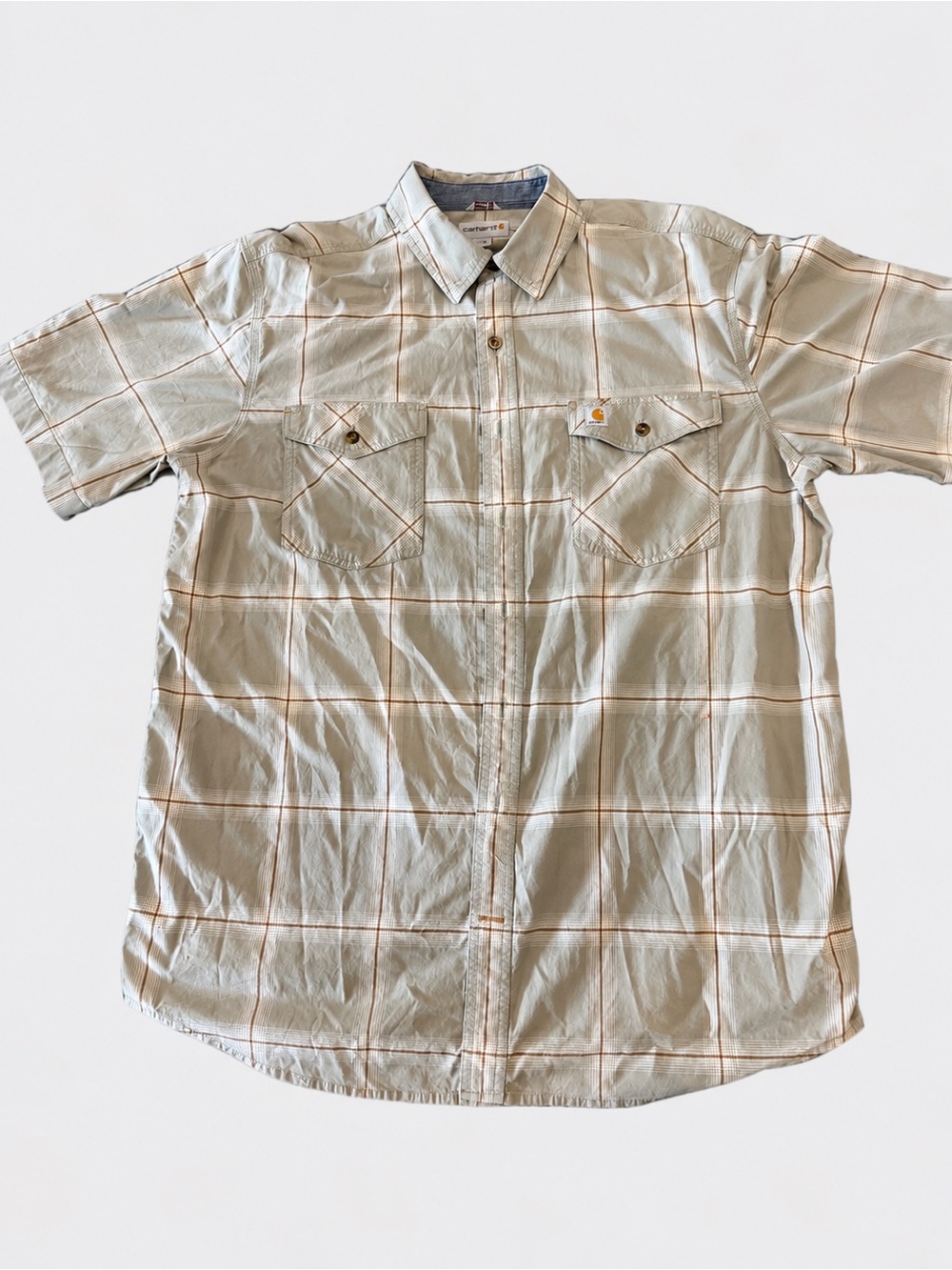 Carhartt Men's Short Sleeve Plaid Button-Down Shirt in Light Tan and Brown